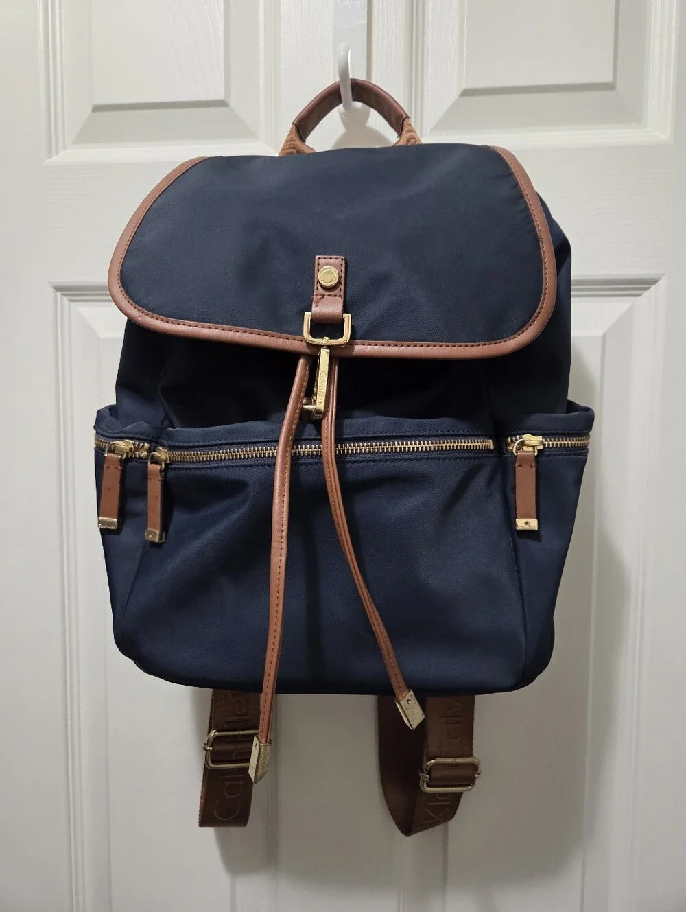 Calvin Klein Navy Blue Backpack with Brown Trim